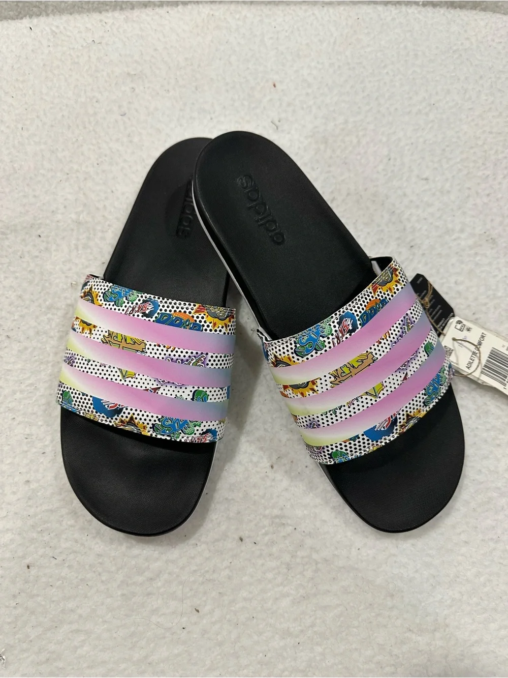Adidas Black Slide Sandals with Pastel Multi-Color Strap